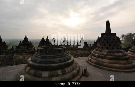 Stupas und Buddha Statuen. Candi Borobudur. Magelang. Central Java. Indonesien Stockfoto