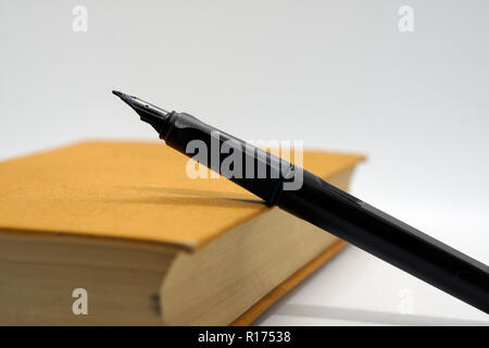 Schwarzer Stift an der braunen bedeckt, Buch Stockfoto