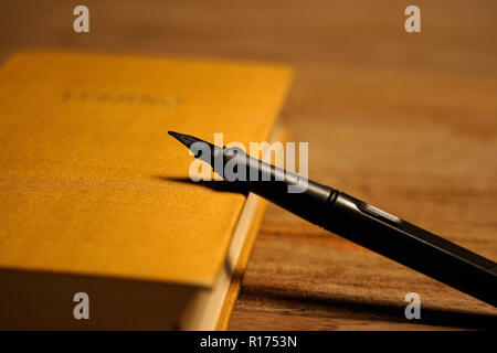 Schwarzer Stift an der braunen bedeckt, Buch Stockfoto