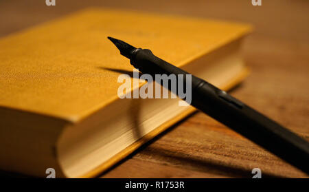 Schwarzer Stift an der braunen bedeckt, Buch Stockfoto