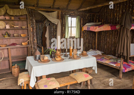 CAPE RANDOM, Neufundland, Kanada - Cabin Interior zufällig Passage Film, Replik des Fischerdorf. Stockfoto