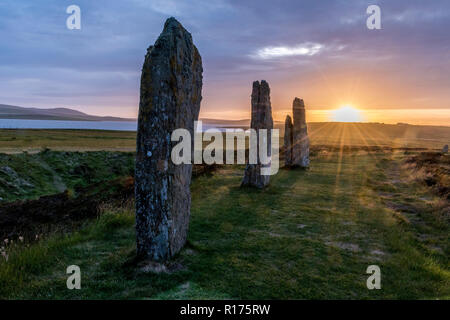 Orkney am Ring von Brodgar neolithische Menhire, Steinkreis, Sommersonnenwende. Stockfoto