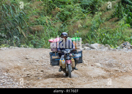 Waren aller Art sind auf Motorrad im ländlichen Gebiet transportiert. Arfak Berg, West Papua, Indonesien. Stockfoto