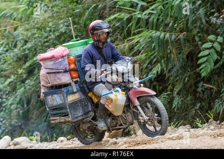 Waren aller Art sind auf Motorrad im ländlichen Gebiet transportiert. Arfak Berg, West Papua, Indonesien. Stockfoto