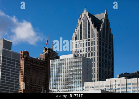 Ein logo Zeichen außerhalb der Ally Detroit Center, das Hauptquartier der Verbündeten Financial Inc., die in Detroit, Michigan, am 29. Oktober 2018. Stockfoto