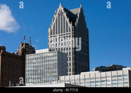 Ein logo Zeichen außerhalb der Ally Detroit Center, das Hauptquartier der Verbündeten Financial Inc., die in Detroit, Michigan, am 29. Oktober 2018. Stockfoto