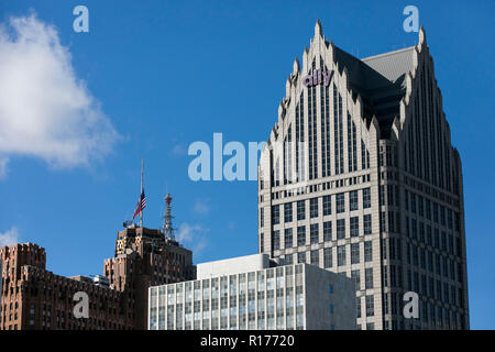 Ein logo Zeichen außerhalb der Ally Detroit Center, das Hauptquartier der Verbündeten Financial Inc., die in Detroit, Michigan, am 29. Oktober 2018. Stockfoto