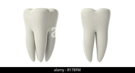 Zähne vor Weiß werden. Gelb schmutzig Zahn Modelle isoliert Ausschnitt auf weißen Hintergrund. 3D-Darstellung Stockfoto