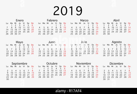 Englisch Vorlage Kalender für das Jahr 2019, von 12 Monaten gesetzt Stockfoto