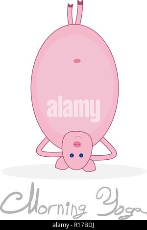 Morgen Yoga mit einem Schwein. Schwein stehend auf seinem Kopf. Schwein isoliert auf weißem Hintergrund mit Schatten. Der Text unter dem Bild Morgen Yoga. Stock Vektor