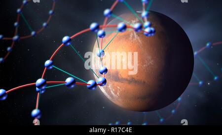 DNA über Mars, konzeptionelle Darstellung. Mars hatte einmal einen nassen Klima, die veranlasst viele Astronomen glauben, dass das Leben in der Vergangenheit entstanden sind, und vielleicht gibt es noch. Im Jahr 1996 hat die NASA bekannt gegeben, dass sie gefunden hätten Beweise für versteinerten Mikroorganismen in einem Meteoriten vom Mars hageln. Ob jedoch diese Strukturen sind in der Tat versteinerten Lebensformen â €" oder nur Erde-basierte Kontaminanten â € "bleibt unruhig. Stockfoto