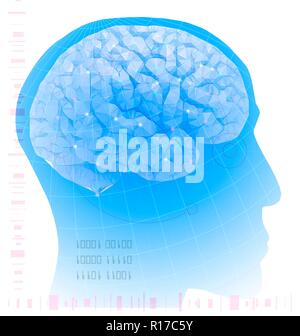 Künstliche Intelligenz. Prinzipdarstellung eines menschlichen Kopfes überlagert mit einem stilisierten Gehirn, die künstliche Intelligenz, die Simulation menschlicher Intelligenz durch eine Maschine. Binäre Zahlen, die nur 1 und 0 enthalten, bilden die Sprache der Computer. Künstliche Intelligenz ist ein Computer oder eine Maschine, die denken, daß unabhängig von seiner ursprünglichen Programm zu lernen und zu verstehen. Stockfoto
