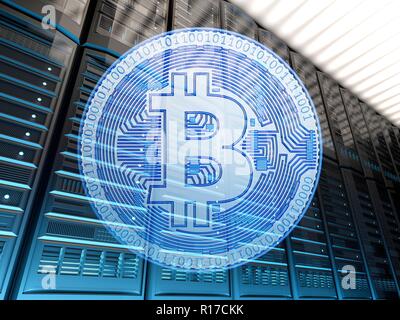 Hologramm Der bitcoin auf digitalen Bauernhof Hintergrund, Konzept der cryptocurrency Bergbau. 3D-Darstellung. Stockfoto