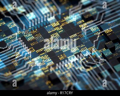 Abstrakte Technologie Hintergrund. In der Nähe der Platine mit futuristischen CPU für große Daten, drahtlose Kommunikation, Internet der Dinge, oder der künstlichen Intelligenz. 3D-Darstellung. Stockfoto