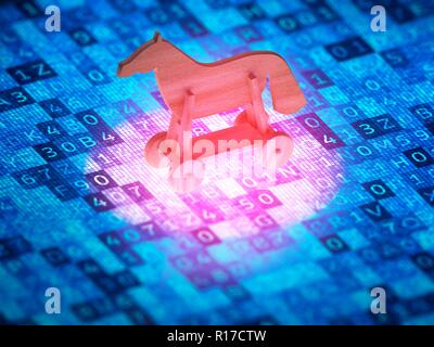 Cyber Security Konzept. Spielzeug Pferd auf einem digitalen Bildschirm, symbolisiert den Angriff der Trojaner. 3D-Darstellung. Stockfoto