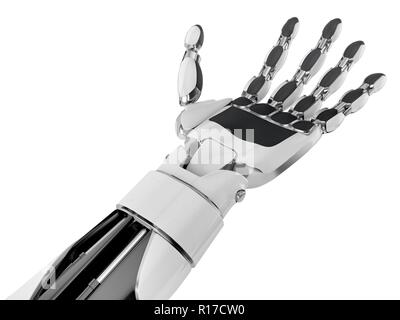 Roboterhand leeren Palm, auf weißem Hintergrund. 3D-Darstellung. Stockfoto