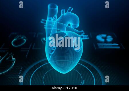 Holographische menschliche Herz in der virtuellen Realität. Futuristische Diagnoseverfahren in der Medizin. 3D-Darstellung. Stockfoto