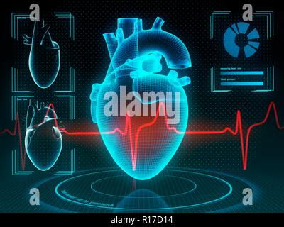 Holographische menschliche Herz in der virtuellen Realität. Futuristische Diagnoseverfahren in der Medizin. 3D-Darstellung. Stockfoto