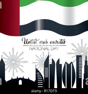 Vereinigte Arabische Emirate Fahne mit Gebäude- und firewords Feier Stock Vektor