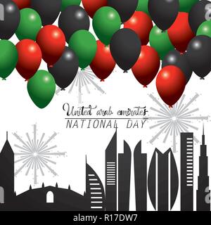 Uae nationalen Tag mit Ballons und Gebäude Stock Vektor