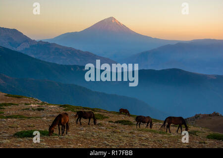 Mount Damavand, einen potenziell aktiver Vulkan, ist ein Stratovulkan, das ist der höchste Berg im Iran und der höchste Vulkan in Asien. Stockfoto