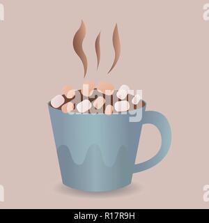 Buntes Plakat mit blauen Tasse heiße Schokolade, Eibisch Stock Vektor