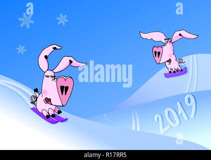 Lustige cartoon Schweine Skifahren und Snowboarden. Zwei lustige Schweine mit Herz geformte Schnauzen. Jahr des Schweins Vector Illustration. Symbol für 2019. Stock Vektor