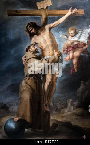 Der hl. Franziskus mit Christus (San Francisco Embrazando ein Cristo de la Cruz) von Bartolomé-Esteban Murillo (1617-1682), Öl auf Leinwand, c. 1668-9 Stockfoto