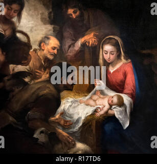 Die Anbetung der Hirten (Adoracion de Los Pastores) von Bartolomé-Esteban Murillo (1617-1682), Öl auf Leinwand, c. 1668-9. Krippe. Von einer größeren Malerei Detail, R17 TD 7. Stockfoto