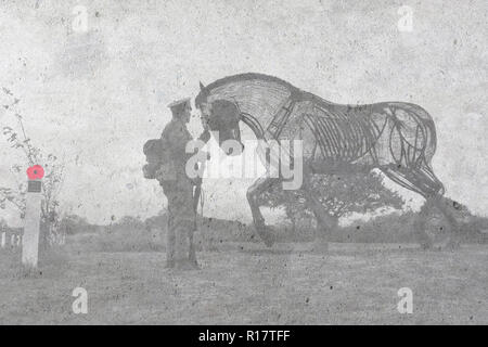 Ein Photoshopped Bild des Krieges Pferd war Memorial Skulptur mit einer re-Enactor am Mühlenteich Wiese in Featherstone, West Yorkshire Stockfoto