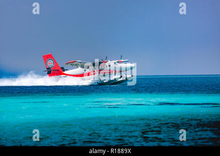 Rot und Weiß mit dem Wasserflugzeug nähert sich die Insel auf den Malediven. Transmaldivian Fluggesellschaften in Malediven Insel Stockfoto