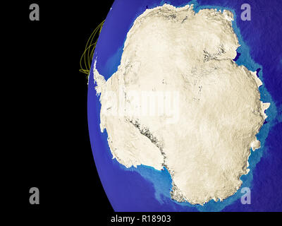Antarktis vom Platz auf dem Planeten Erde mit Linien, globale Kommunikation, Reisen, Verbindungen. 3D-Darstellung. Elemente dieses Bild und Stockfoto