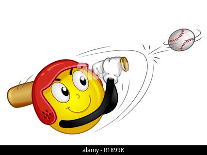 Abbildung: ein Smiley Maskottchen mit Helm und mit einem Hieb Schlagen einer Baseball Ball Stockfoto