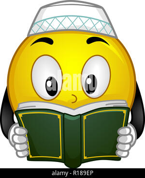 Abbildung eines muslimischen Smiley Maskottchen lesen den Koran Stockfoto