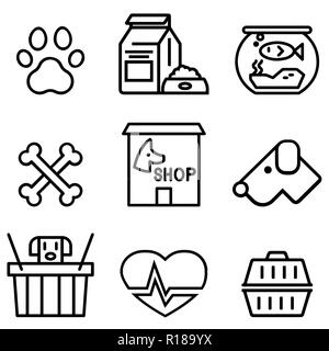 Niedliches Haustier Icon Set. Handgezeichnete Linie Symbole von Haustieren Spielzeug und Veterinärausrüstung. Stockfoto