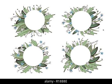 Satz von wilden Blumen und Blätter Kränze. Doodle style runde Kompositionen auf weißem Hintergrund. Vector Abbildung. Stock Vektor
