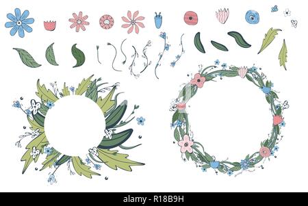 Wilde Blumen und Blätter. Doodle Style Kollektion Kranz und florale Elemente auf weißem Hintergrund. Vector Abbildung. Stock Vektor