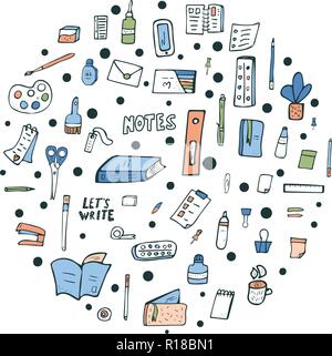Der Vektor Bürobedarf. Sammlung von Schreibwaren in doodle Stil. Runde Komposition mit Schule tools. Stock Vektor