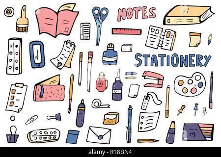Der Vektor Bürobedarf. Sammlung von Schreibwaren in doodle Stil. Schule Punkte auf weißem Hintergrund. Stock Vektor