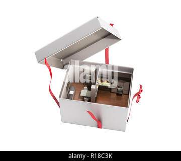 Konzept Apartment als Geschenk Küche Interieur in einer offenen Box 3D-Render auf Weiß kein Schatten Stockfoto