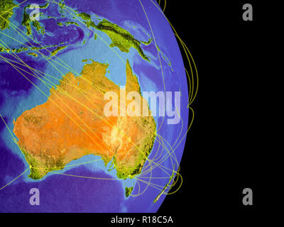 Australien auf der Erde mit Trajektorien, die internationale Kommunikation, Reisen, Verbindungen. 3D-Darstellung. Elemente dieses Bild eingerichtet Stockfoto