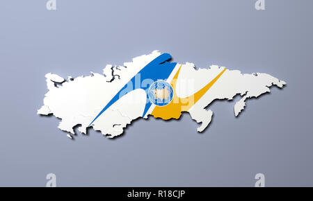 Schematische Karte der Mitgliedstaaten der Eurasischen Wirtschaftsunion (EAU) Nationale Flaggen Russland Weißrussland Kasachstan und Armenien auf grauen Hintergrund, 3D-Rendering Stockfoto