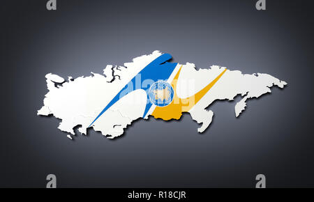 Schematische Karte der Mitgliedstaaten der Eurasischen Wirtschaftsunion (EAU) Nationale Flaggen Russland Weißrussland Kasachstan und Armenien auf grauen Hintergrund, 3D-Rendering Stockfoto