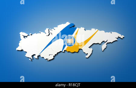 Schematische Karte der Mitgliedstaaten der Eurasischen Wirtschaftsunion (EAU) Nationale Flaggen Russland Weißrussland Kasachstan und Armenien über blie Hintergrund, 3D-Rendering Stockfoto