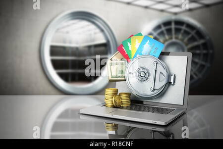 Das Konzept einer sicheren Online-Banking Geld und Karten hinter der geöffneten Tür der Bank vault auf dem Bildschirm 3D-Render auf Grau Stockfoto