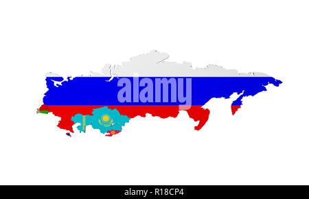 Schematische Karte der Mitgliedstaaten der Eurasischen Wirtschaftsunion (EAU) Nationale Flaggen Russland Weißrussland Kasachstan und Armenien auf weißem Hintergrund, 3D-Rendering Stockfoto