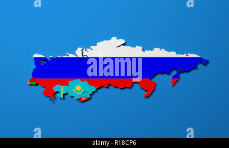 Schematische Karte der Mitgliedstaaten der Eurasischen Wirtschaftsunion (EAU) Nationale Flaggen Russland Weißrussland Kasachstan und Armenien auf blauem Hintergrund 3D-Rendering Stockfoto