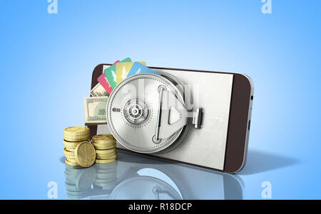 Mobile Banking Konzept Handy mit Geld dollar Stapel Münzen und Kreditkarten 3D-Render auf blauen Hintergrund