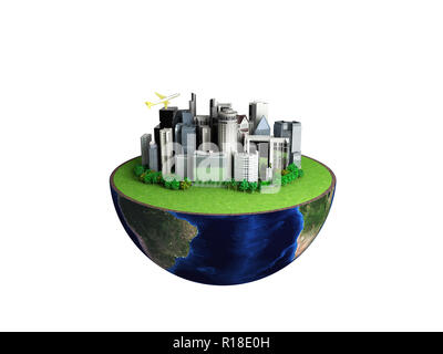 Urbanisierung Konzept mit Kugel und die Stadt auf abstrakte weißen Hintergrund 3D-Rendering Stockfoto