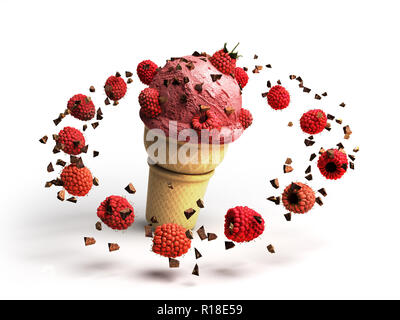 Eis mit Himbeeren und Schokolade Krümel in einem Waffle Cup 3D-Render auf Weiß Stockfoto